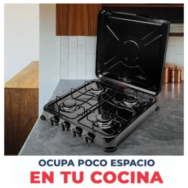 COCINA ENCIMERA A GAS 4 HORNILLAS NEGRA - Imagen 3