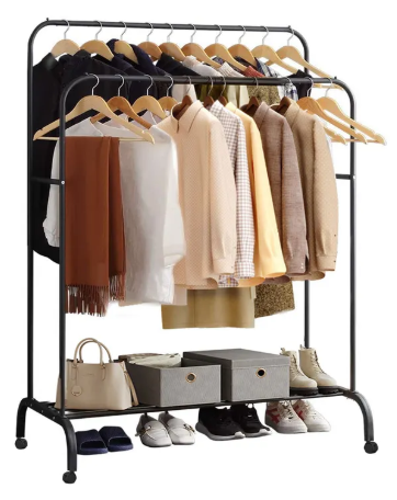 PERCHERO CON RUEDAS DOBLE NEGRO METAL