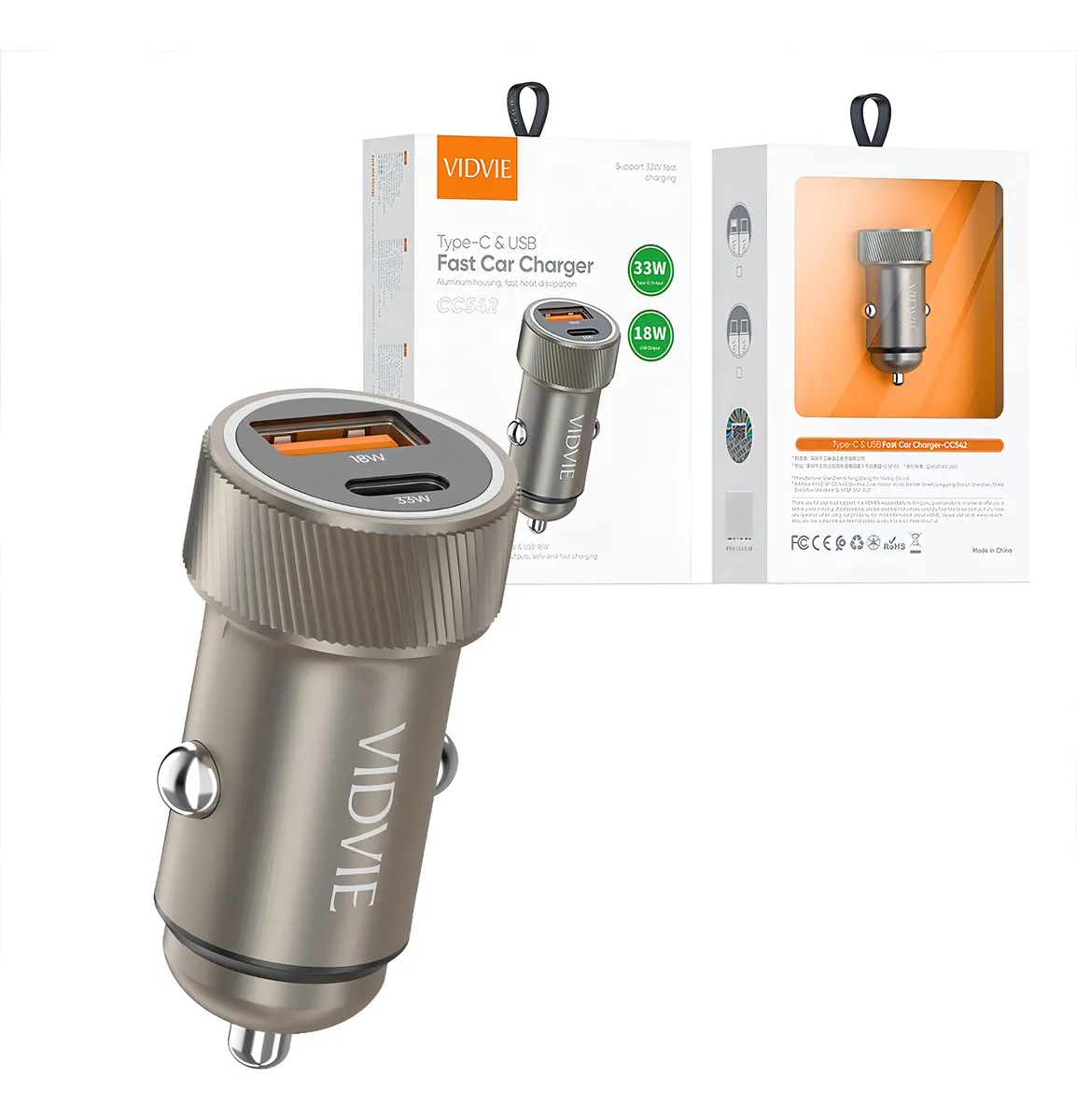Cargador Auto Carga Rápida DOBLE TIPO-C 33W Y USB-A 18W
